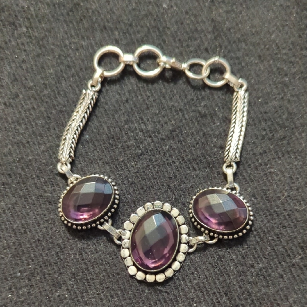 Silver Plated Faceted Purple Amethyst Gemstone Statement Bracelet